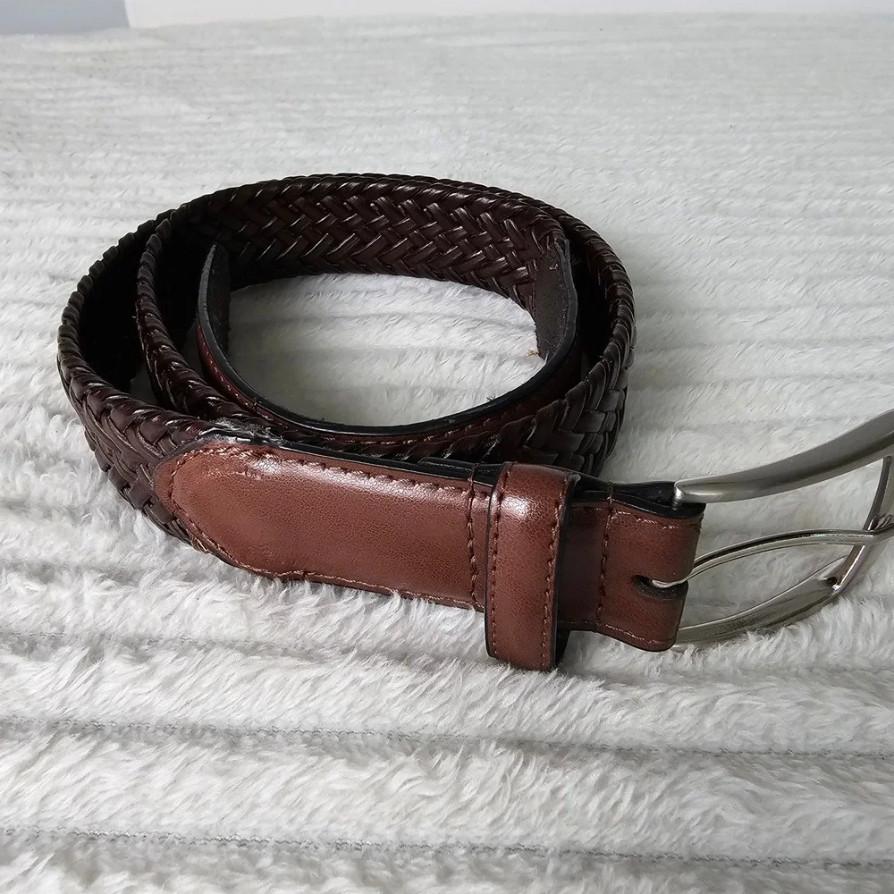 Mens Woven Braided Leather Belt Size 36 Brown Classic Preppy Professional